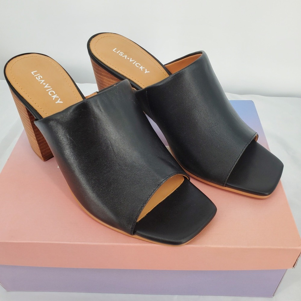 Lisa Vicky Virtue V Black Leather Block Heel Mules Square Toe Sandals Womens 7 M - Picture 2 of 8